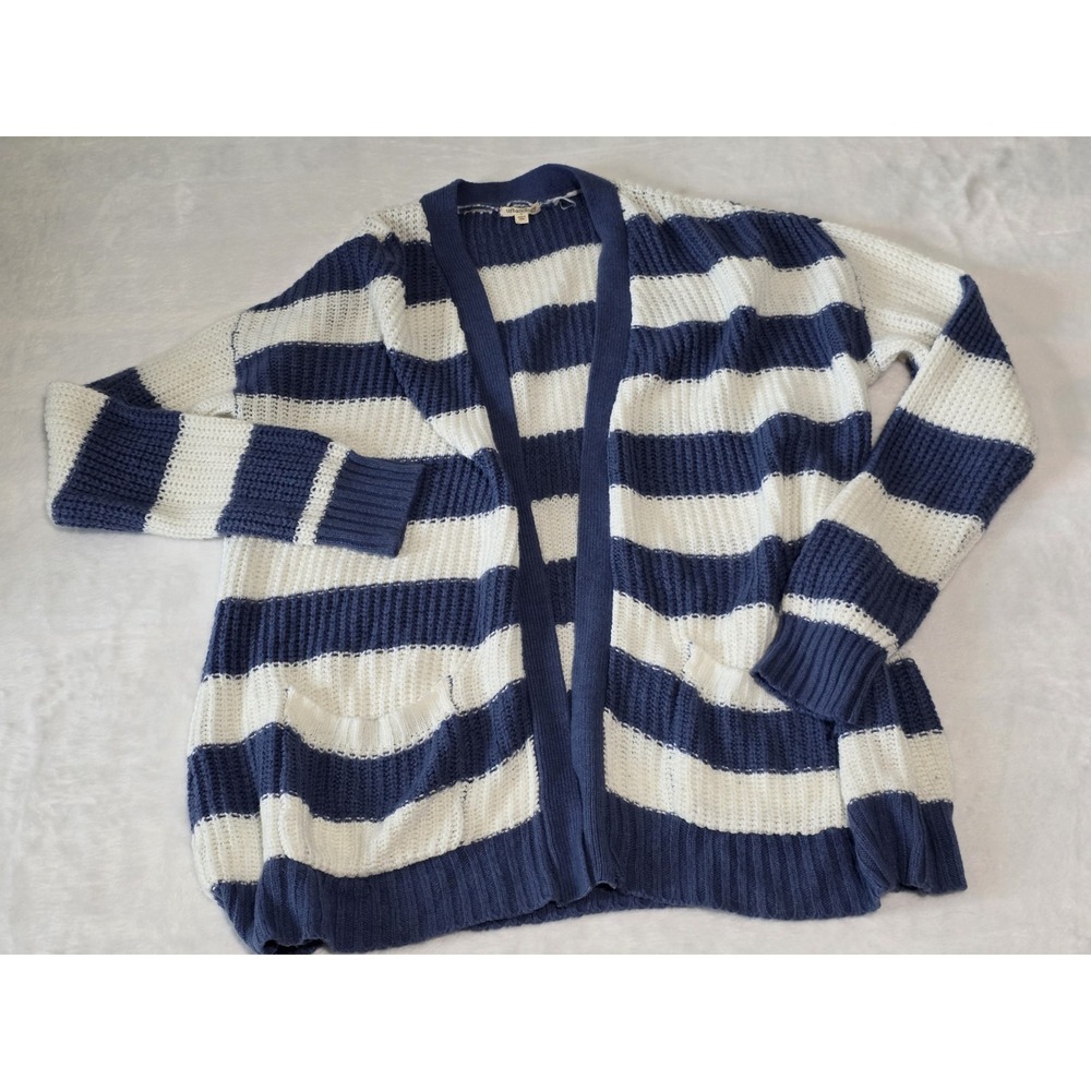 urbanology womens large blue and white striped knit cardigan pockets